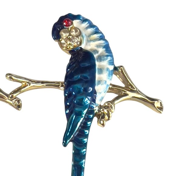 Pair of Blue & White Parrot Macaw Rhinestone Brooch Pins Gold Tone Branches - Picture 2 of 7